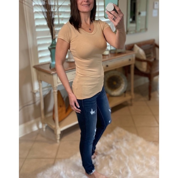 Basic Crew Neck Short Sleeve Slimming Fitted Baby Tee Khaki 0060 - Picture 2 of 5